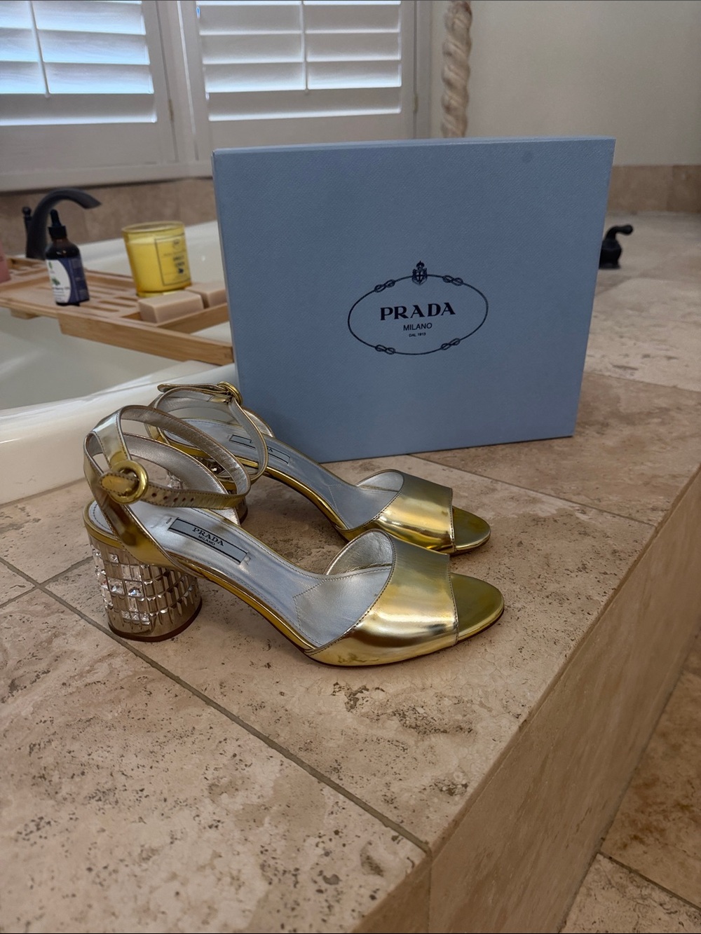 Prada Gold Metallic Crystal-Embellished Block Heel Sandals